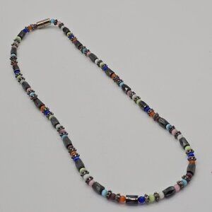 Hematite Magnetic Clasp Necklace Multicolor Glass Beads Boho Chunky